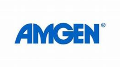 A blue and white logo of amgen